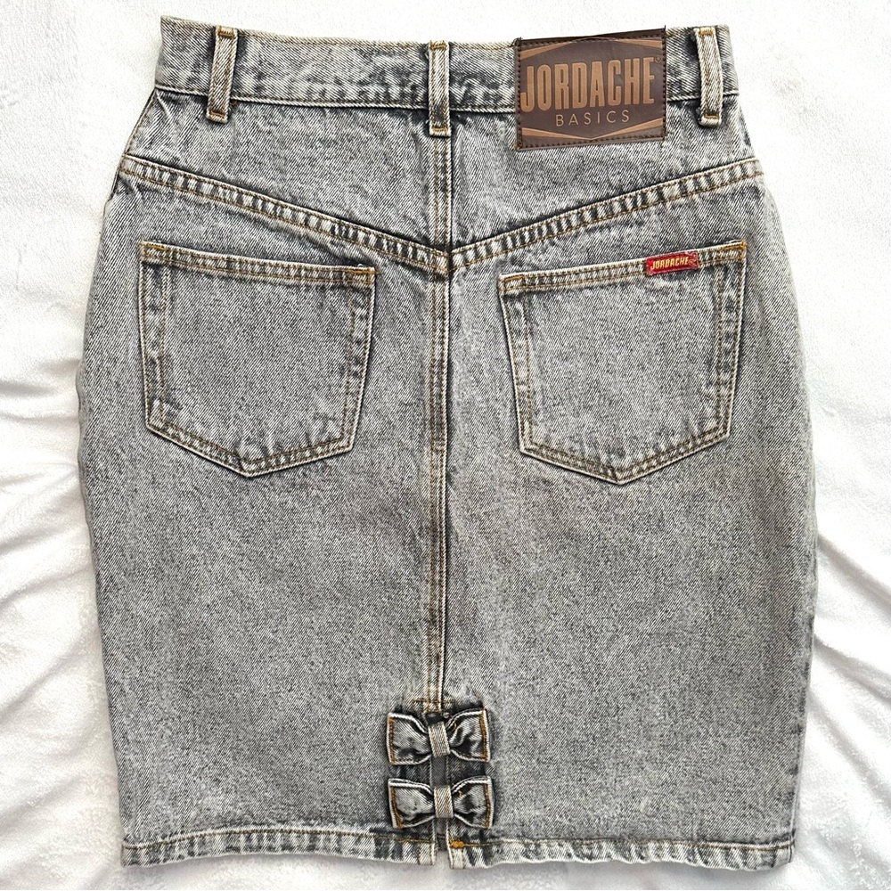 Vintage Jordache Jean Pencil Skirt Juniors 9/10 Acid Wash Gray Denim Bows Back
